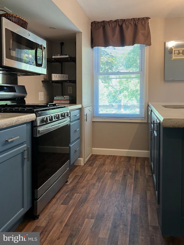 kitchen with dark hardwood / wood-style floors and appliances with stainless steel finishes