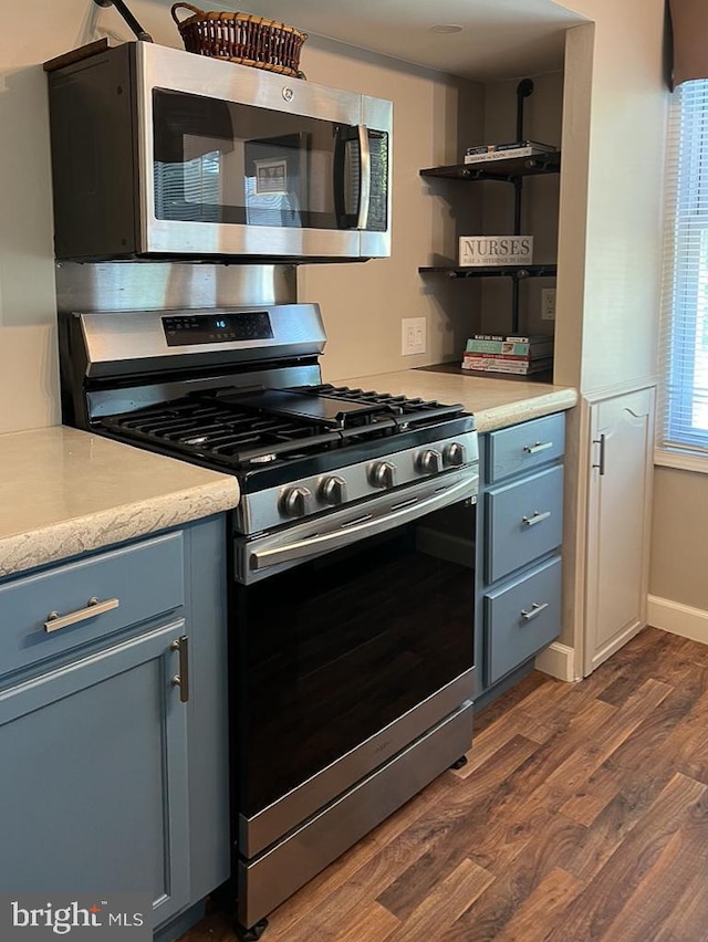 kitchen featuring stainless steel appliances and dark hardwood / wood-style floors