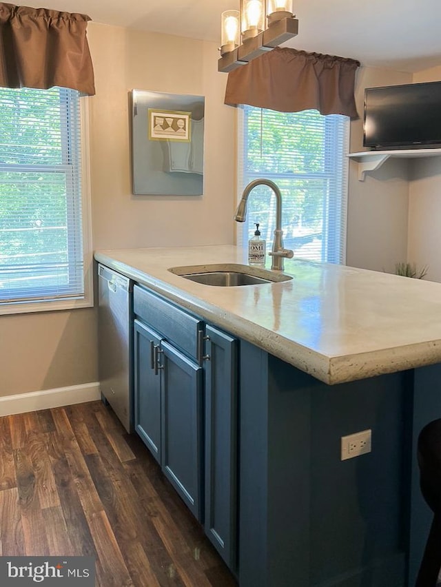 kitchen with dark wood-type flooring, stainless steel dishwasher, a healthy amount of sunlight, and sink