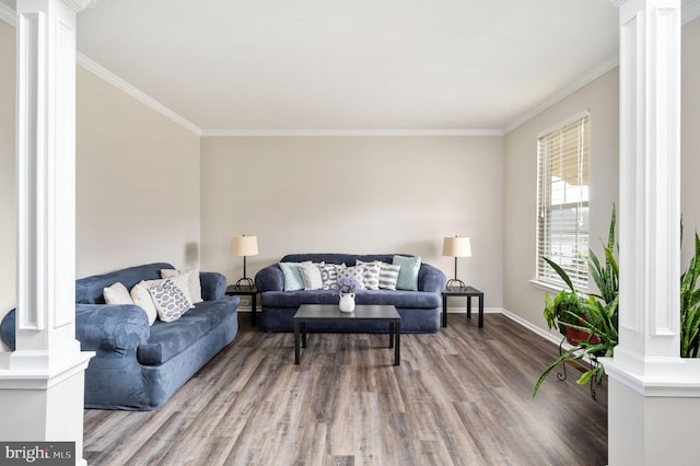 living room featuring ornamental molding, wood finished floors, and decorative columns