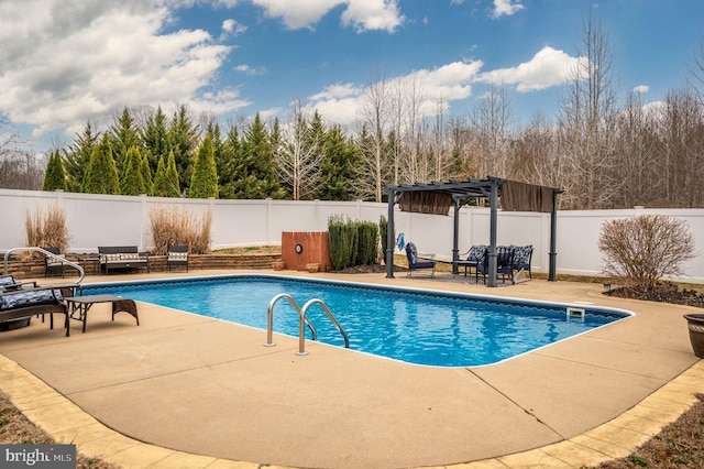 view of swimming pool featuring a pergola, a patio, a fenced backyard, outdoor lounge area, and a fenced in pool