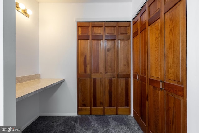 walk in closet featuring dark colored carpet