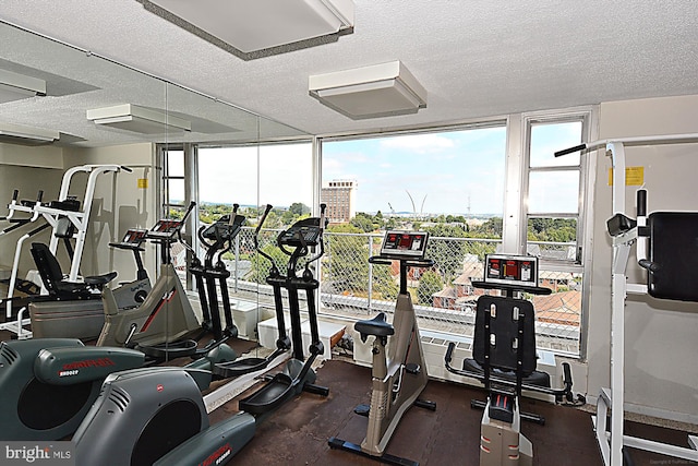 workout area with floor to ceiling windows and a textured ceiling