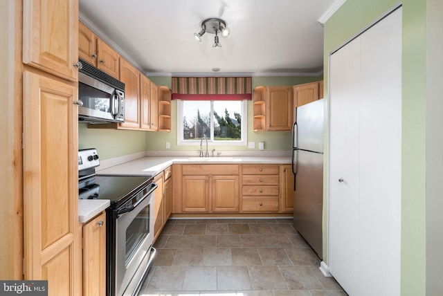 kitchen featuring light brown cabinetry, sink, crown molding, and stainless steel appliances