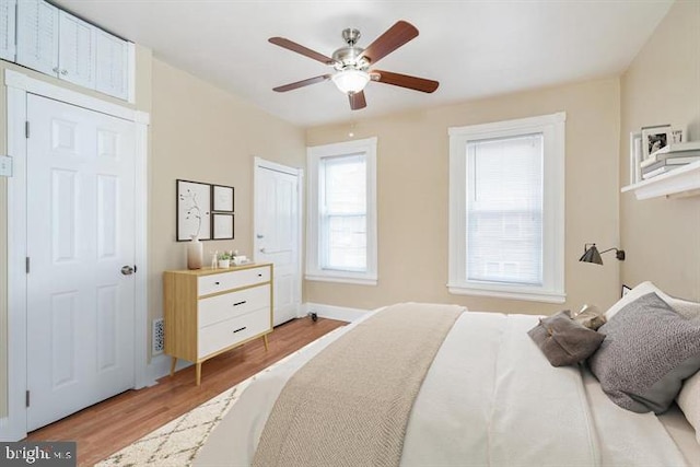 bedroom featuring ceiling fan and light hardwood / wood-style flooring