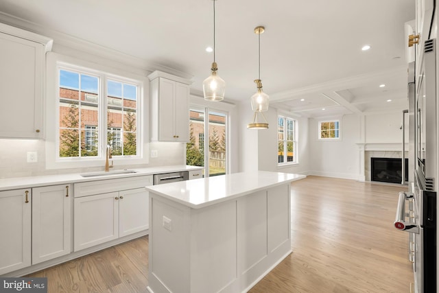 kitchen featuring light wood-style floors, plenty of natural light, open floor plan, and a sink