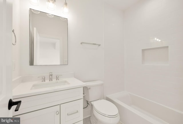 full bath with toilet, shower / bathtub combination, and vanity