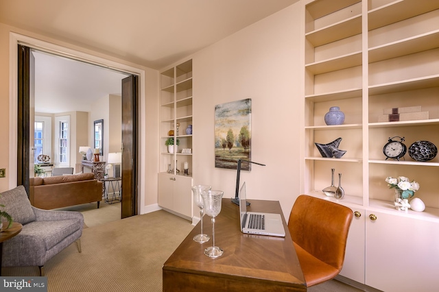 office area with light colored carpet and built in shelves