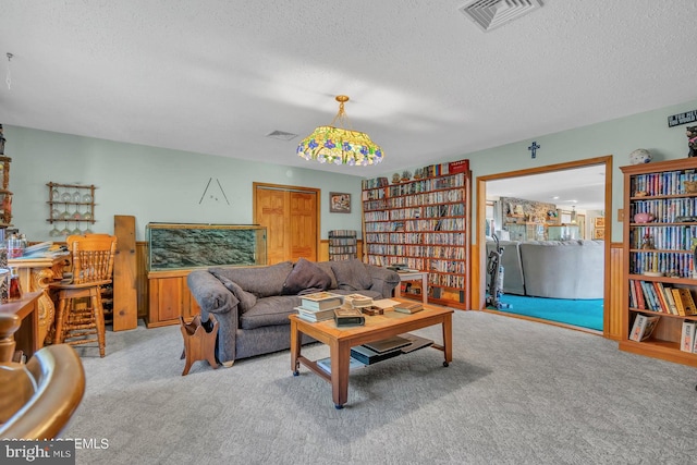 living room featuring light carpet and a textured ceiling