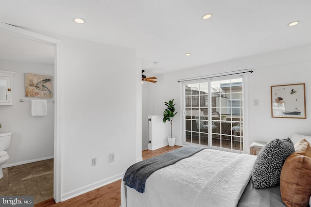 bedroom featuring access to exterior, recessed lighting, baseboards, and wood finished floors