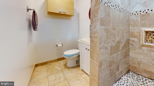 bathroom with vanity, a tile shower, and toilet