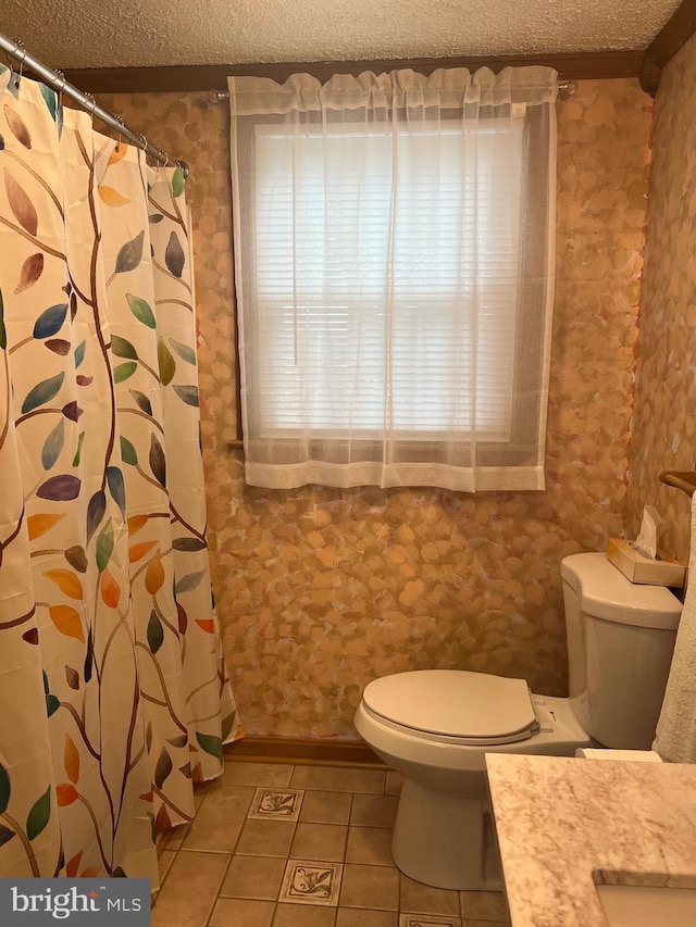 30 Foggy Bottom Ln, Berkeley Springs, WV 25411 - bathroom with vanity, toilet, tile patterned flooring, and a textured ceiling