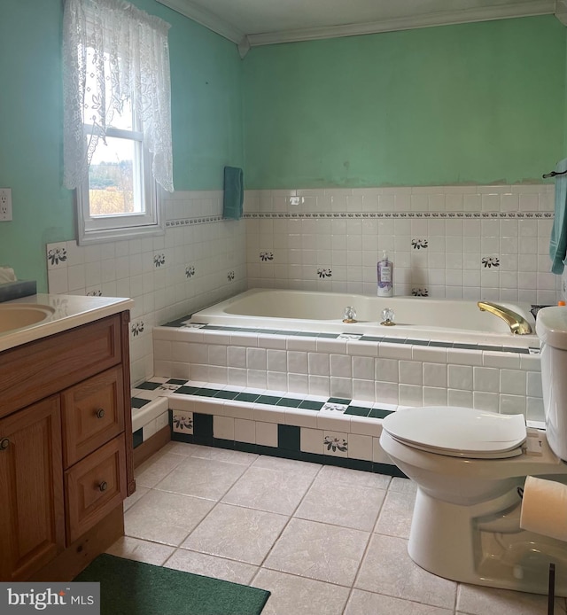 30 Foggy Bottom Ln, Berkeley Springs, WV 25411 - bathroom featuring crown molding, vanity, tiled bath, tile patterned floors, and toilet