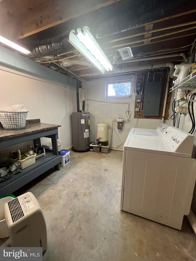 30 Foggy Bottom Ln, Berkeley Springs, WV 25411 - basement featuring washer and clothes dryer, electric panel, and water heater