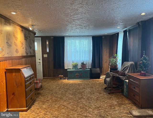 30 Foggy Bottom Ln, Berkeley Springs, WV 25411 - carpeted home theater with a textured ceiling and wood walls