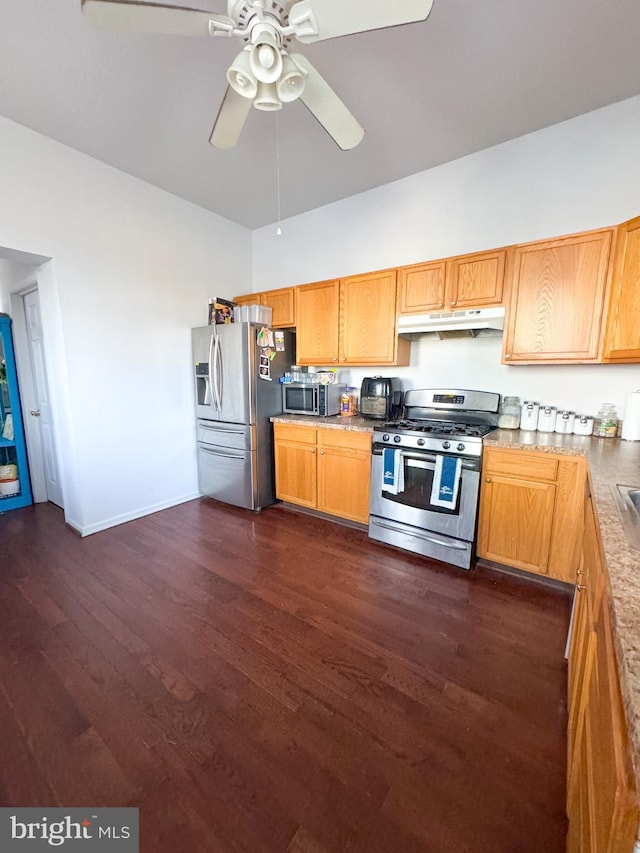 kitchen featuring ceiling fan, appliances with stainless steel finishes, and dark hardwood / wood-style floors