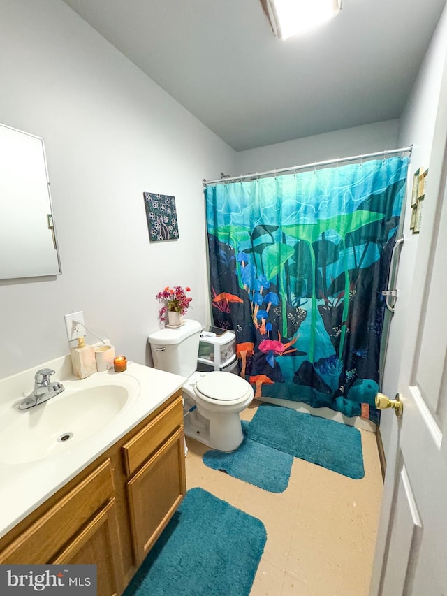 bathroom with vanity, toilet, and a shower with shower curtain