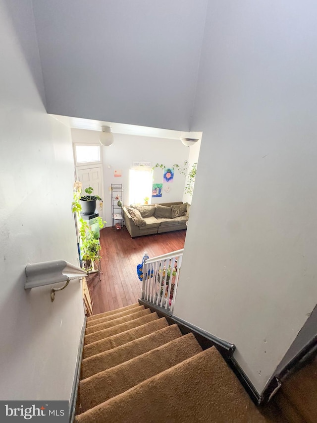 stairs with hardwood / wood-style flooring