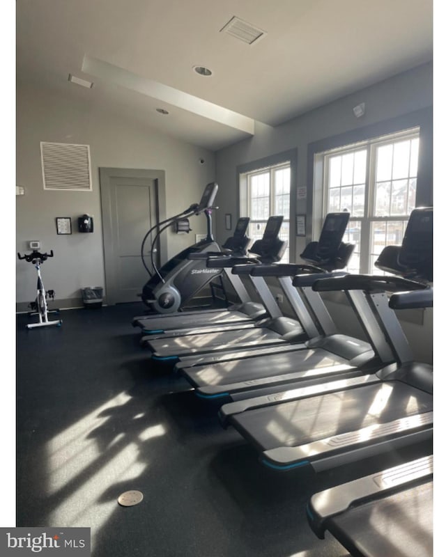 workout area featuring vaulted ceiling