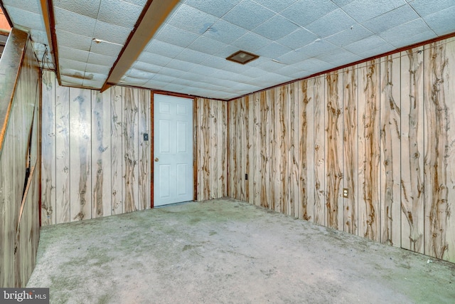 basement featuring carpet and wood walls