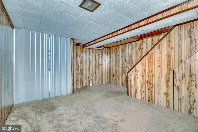 basement featuring wooden walls and carpet