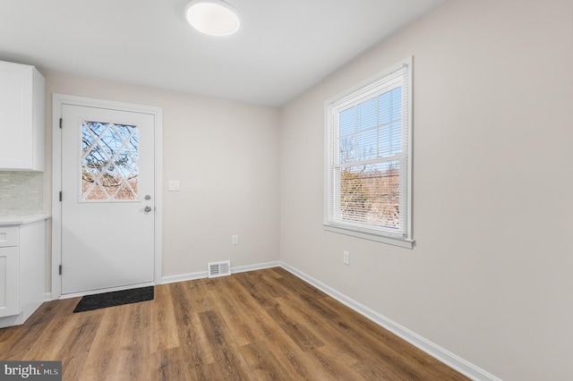 doorway to outside with plenty of natural light and wood-type flooring