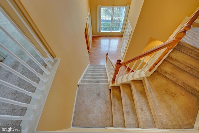 staircase with wood-type flooring