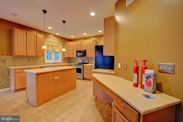 kitchen featuring a center island, refrigerator, hanging light fixtures, stainless steel range with gas cooktop, and backsplash