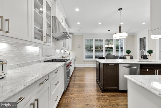 kitchen featuring pendant lighting, sink, appliances with stainless steel finishes, ventilation hood, and white cabinets