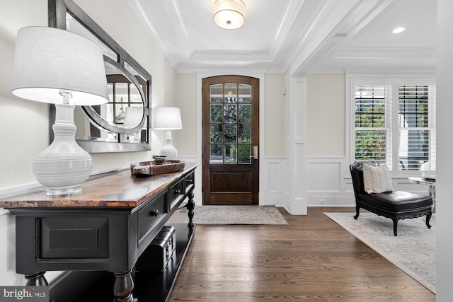 foyer entrance featuring ornamental molding, dark hardwood / wood-style flooring, and a raised ceiling