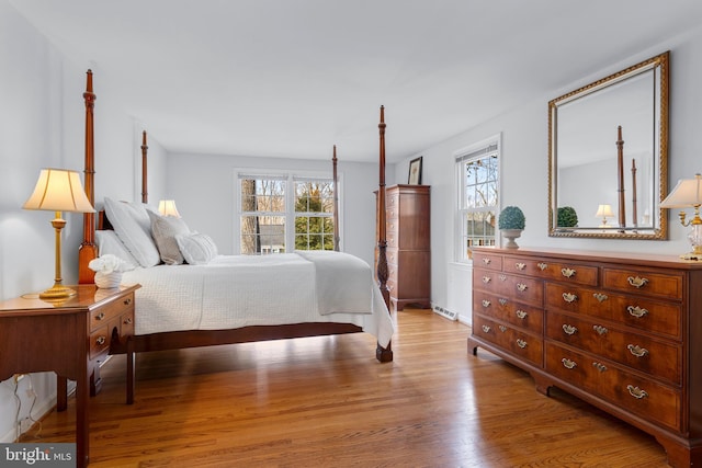 bedroom featuring multiple windows and light wood-type flooring