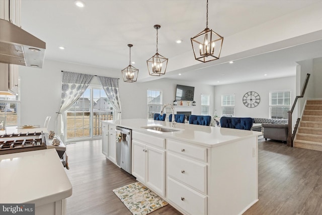 kitchen with under cabinet range hood, open floor plan, stainless steel dishwasher, and a sink