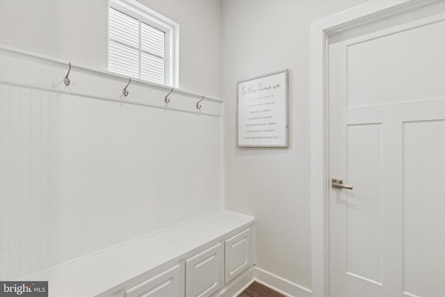 mudroom featuring baseboards and dark wood-type flooring