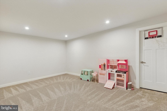 playroom featuring recessed lighting, carpet, and baseboards