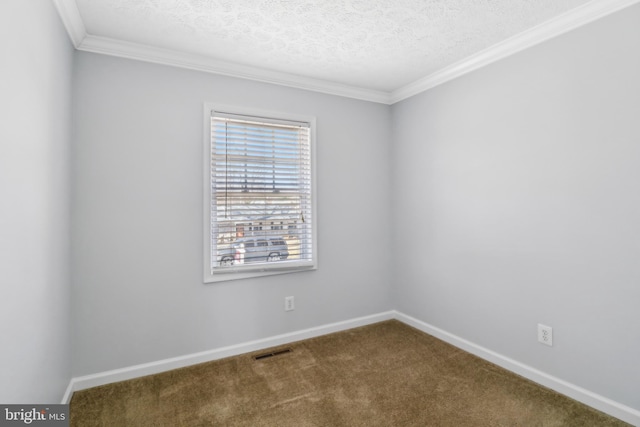 carpeted empty room featuring baseboards, visible vents, a textured ceiling, and ornamental molding