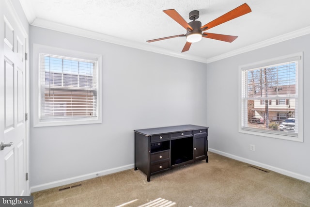 bedroom with light carpet, multiple windows, and visible vents