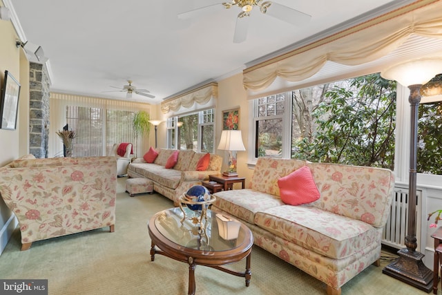 living room featuring ornamental molding, ceiling fan, and carpet flooring