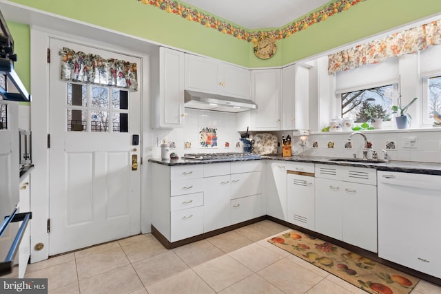 kitchen featuring sink, dishwasher, backsplash, ventilation hood, and white cabinets