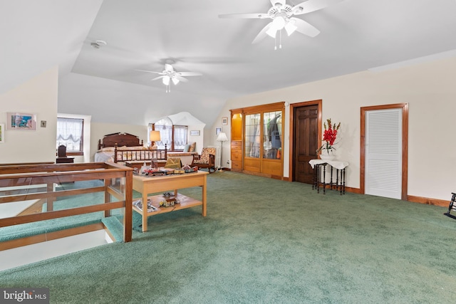 living room with vaulted ceiling, carpet, and ceiling fan