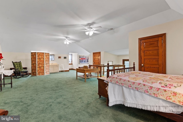 carpeted bedroom with vaulted ceiling