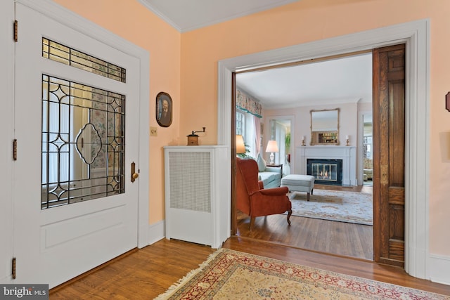 foyer entrance featuring ornamental molding and wood-type flooring