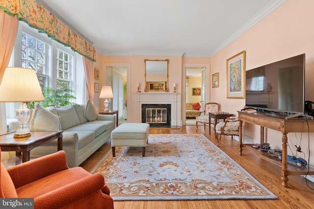 living room featuring ornamental molding and light hardwood / wood-style floors