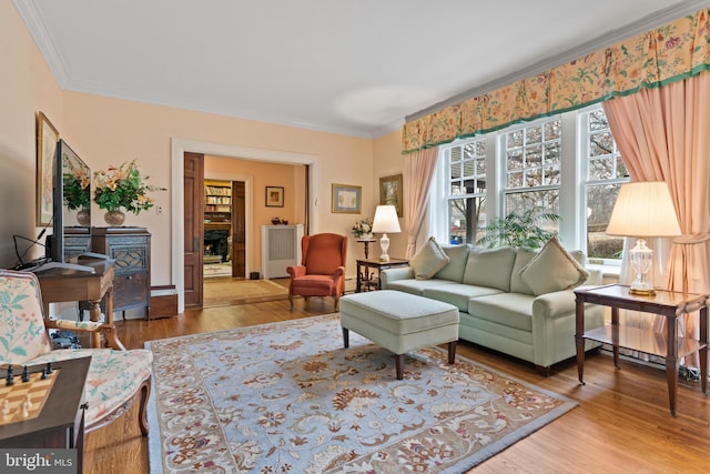 living room featuring wood-type flooring and ornamental molding