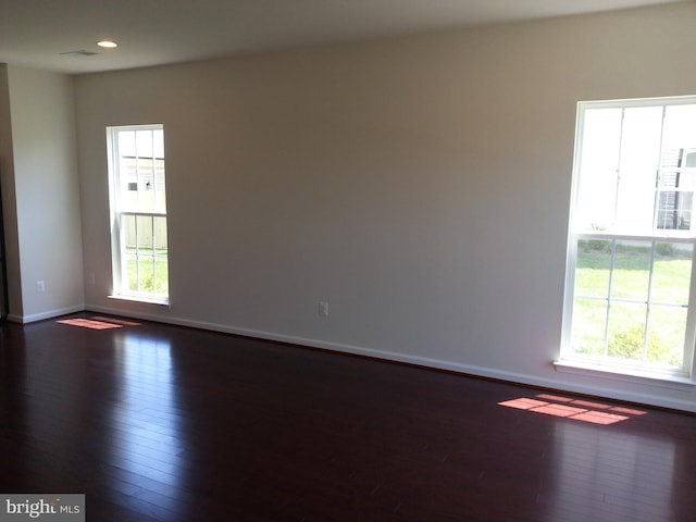 unfurnished room featuring plenty of natural light and dark wood-type flooring