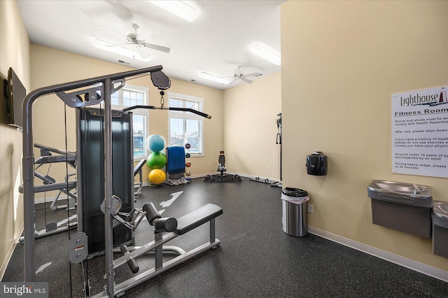 gym featuring ceiling fan