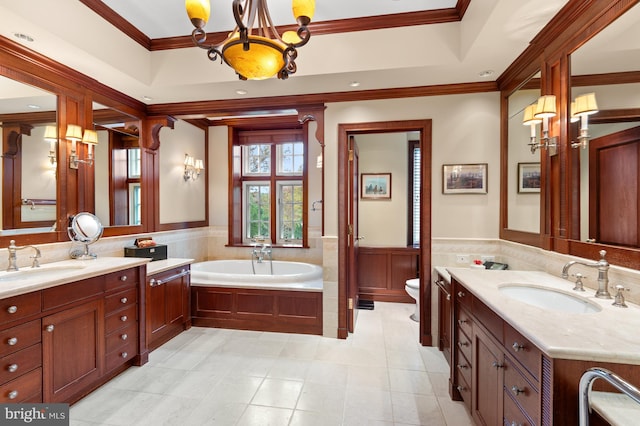 full bath featuring a tray ceiling, ornamental molding, wainscoting, and a sink