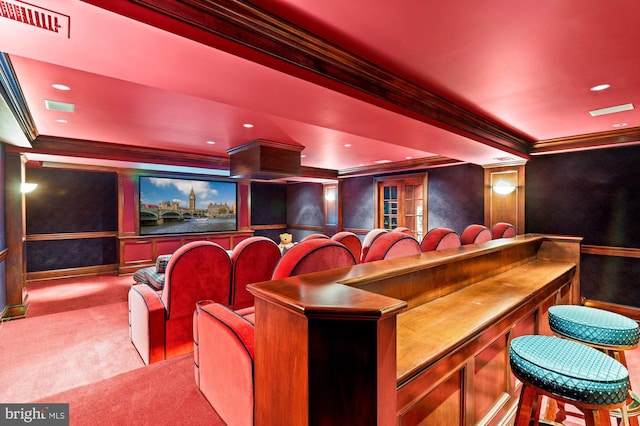 carpeted cinema featuring recessed lighting, visible vents, and crown molding