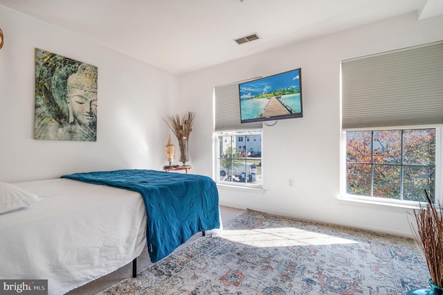 carpeted bedroom with multiple windows