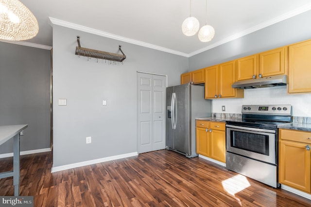 kitchen featuring dark hardwood / wood-style flooring, crown molding, and stainless steel appliances