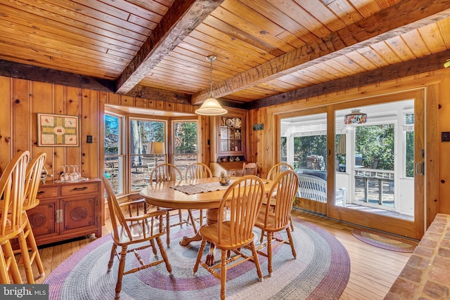 dining room featuring wood ceiling, beam ceiling, wooden walls, and light hardwood / wood-style floors